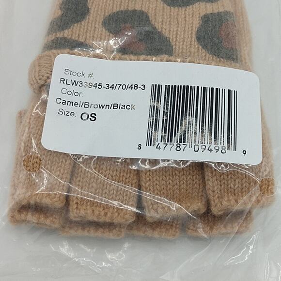 NWT Qi Cashmere Pop Top Gloves Camel Brown Black Leopard Print- - Picture 3 of 3